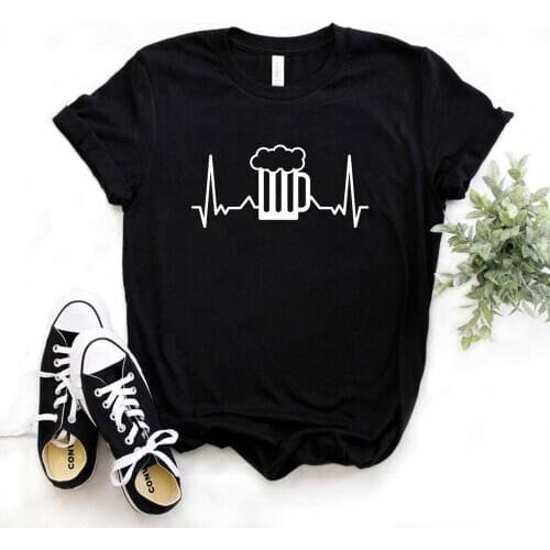 Women T Shirt Beer Mug Heartbeat Print Tshirt Women Short Sleeve O Neck Loose T-shirt Ladies Summer Causal Tee Shirt Clothes