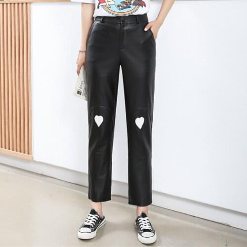 New Designer Womens High-rise Sheepskin leather pants High Quality Genuine leather straight pants C900