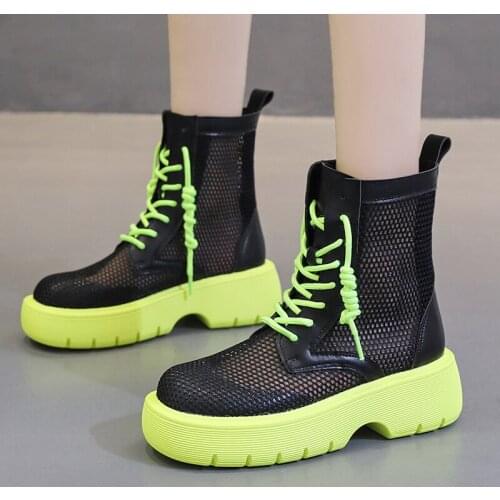 Rimocy Hollow Out Ankle Boots for Women 2021 Thick Bottom Breathable Mesh Summer Booties Woman Round Toe Lace Up Comfort Shoes