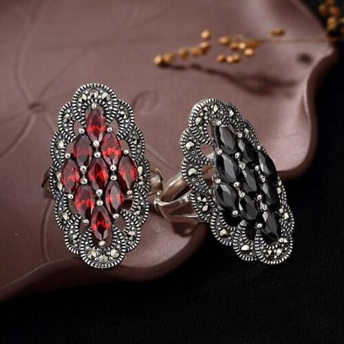 2018 Hot Thai Silver Ring For Women Retro marcasit Chalcedony & Agate Ring personality 925 Sterling Silver Ring Jewel For Gift