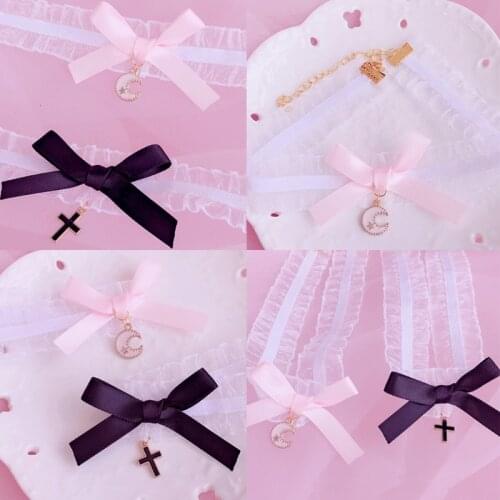 3XUA Sweet Pendant Bownot Choker Harajuku Cute Lolita Ribbon Chain Cosplay Women Necklace Lolita Choker Choker Necklaces