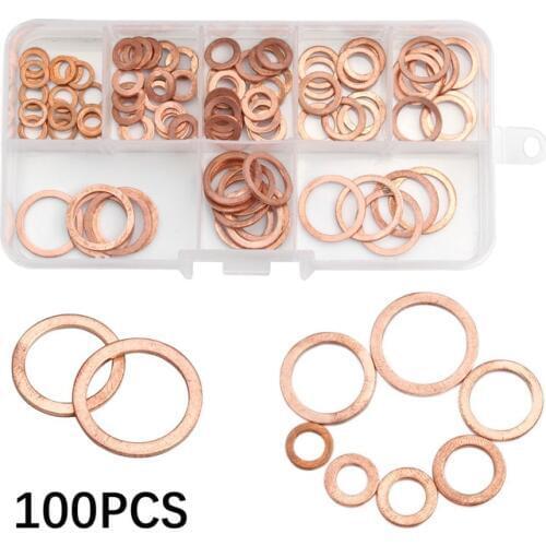 100pcs M4-M14 Professional Assorted Copper Washer Sump Plug Oil Seal Fittings Gasket Set Flat Ring Seal Hardware Accessories Kit