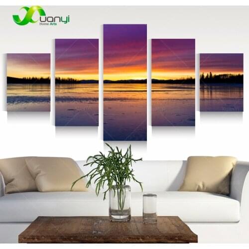 5 Panel Sunrise Lake Landscape Canvas Art Painting Wall Decor Sunrise Canvas Poster Wall Art Picture For Living Room Unframed