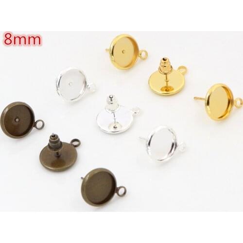 8mm 10pcs/Lot Two Style 3 Colors Plated Earring Studs,Earrings Blank/Base,Fit 8mm Glass Cabochons,Buttons;Earring Bezels