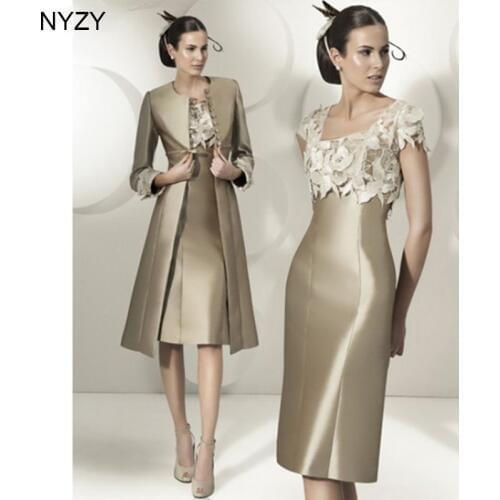 NYZY M11 Satin Dress Party Two Piece Champagne Mother of the Bride Dresses Outfits with Jacket/Coat/Bolero Custom Size 2019
