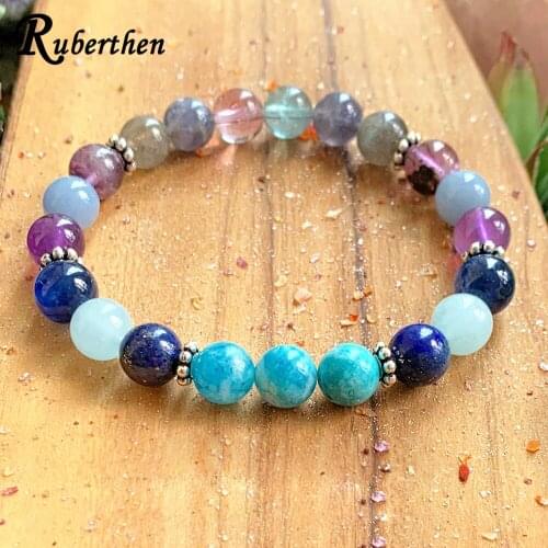 Ruberthen Genuine Blue Apatite Chakra Bracelet Rainbow Fluorite Mala Bracelet Natural Aqua marine Lapis Lazuli Energy Bracelet