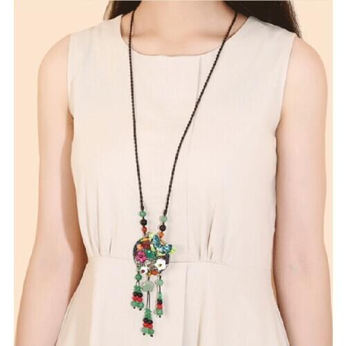 Butterfly Love Flower New National Wind Agate Sweater Chain Long Style Elegant Necklace Pendant Charm Female Jewelry