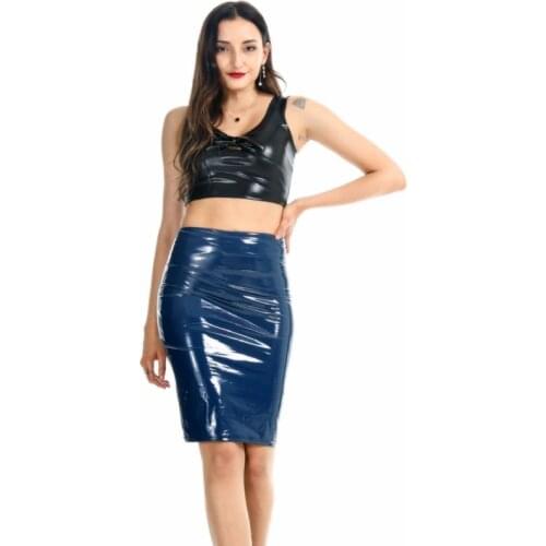 Black Red Navy PU Leather Skirt Women New Midi Sexy High Waist Bodycon Skirt Office Pencil Skirt Knee Length Plus Size