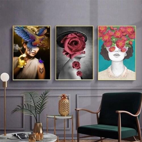 Flower Bird Plant Art Canvas Painting Creative Rose Girl Posters Home Decor Wall Art Pictures for Living Room Bedroom Murals