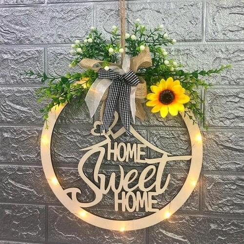 Welcome Sign Rustic Wooden Door Hangers with String Light Sunflower Welcome Wreath Sign Farmhouse Front Porch Party Home Decor