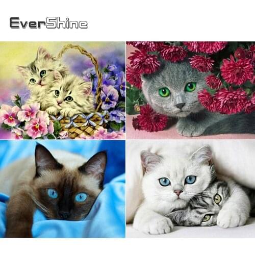 Evershine Diamond Painting Full Display Animals Cat Diamond Mosaic Cross Stitch Flower Bead Picture Rhinestones Childrens Gift