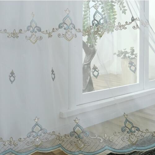 European Style Curtains for Living Dining Room Bedroom Light luxury Blue Mesh Embroidery Tulle Finished Product Customization