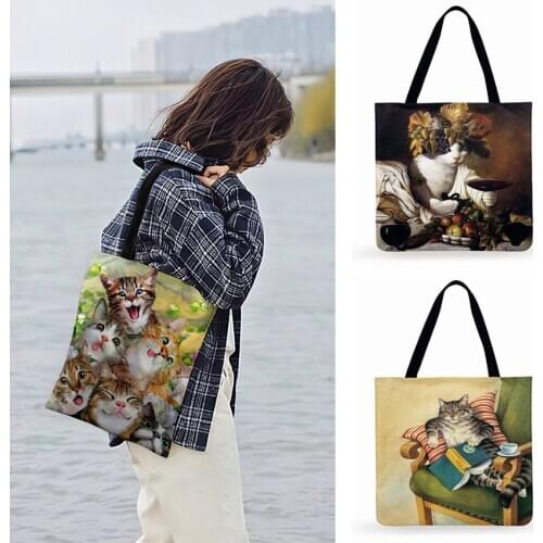 Retro Bookshelf Cat Painting Print Tote Bags For Women Casual Tote Ladies Shoulder Bags Fashion Shopping Bags Outdoor Beach Bags