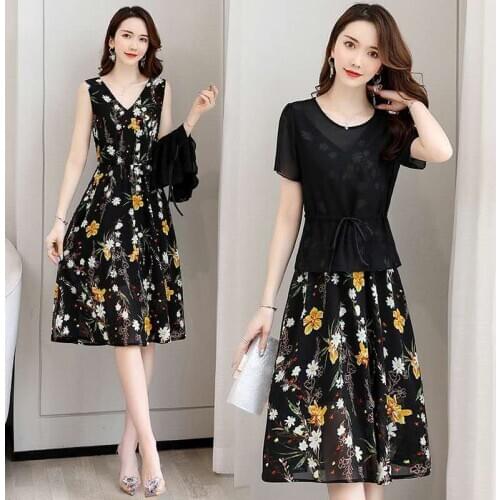 Summer Chiffton Two-Piece Set Plus Size Slim Floral Print Short Sleeve A-Line Black Green Purple Elegant Women Coctail Dress