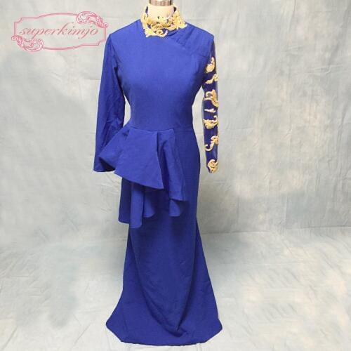 Royal blue prom dresses with high neck beading long sleeve cotton satin gold sequins beading peplum mermaid evening dresses gown