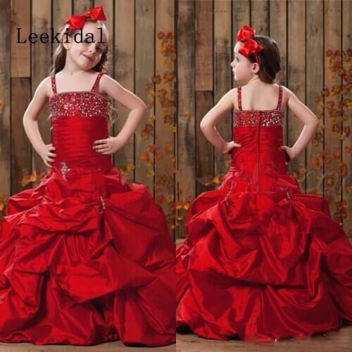 Red Kids Pageant Dresses Spaghetti Strap Flower Girl Dresses Vestidos De Red Satin Girls Pageant Celebration Gowns Custom