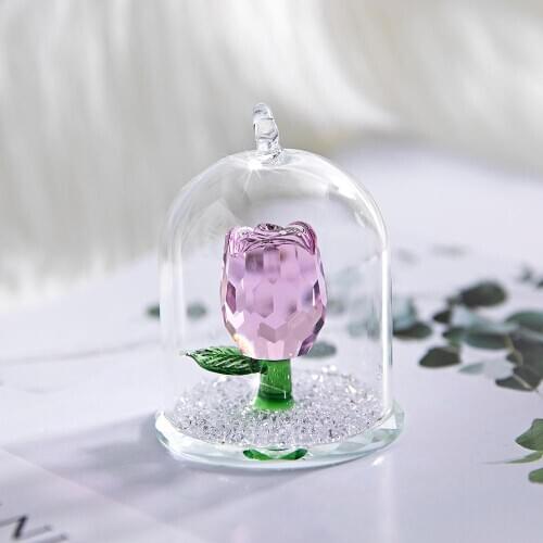 H&D Crystal Enchanted Rose Flower Figurine Dreams Ornament in a Glass Dome Home Wedding Decor Souvenir Collection Gift (Pink)