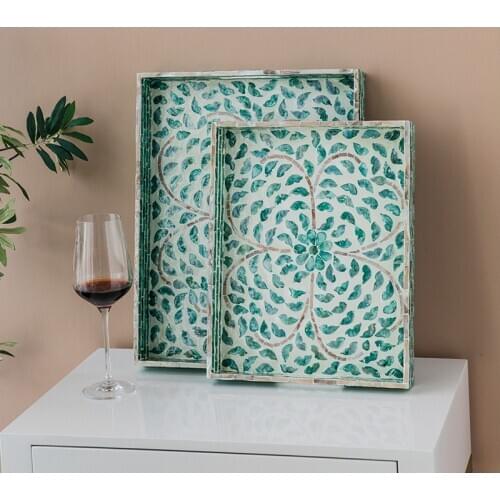 Mediterranean Hand Made Green Shell Square Tray Cup Dessert Tea Tray Storage Decor Ornament Wood Table Storage Trays Serving