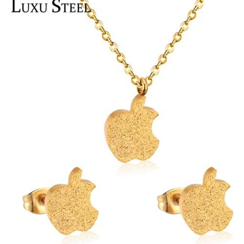LUXUSTEEL bridal necklace set Gold Color Apple Shape Pendant Necklace Cute Earrings Brinco Party Stainless Steel kid Jewelry Set