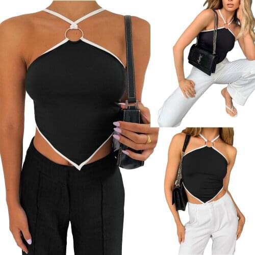 221 New Women Summer Tank Tops, Splicing Off-Shoulder Sleeveless Backless Tight Vest with Metal Ring for Girls, Black