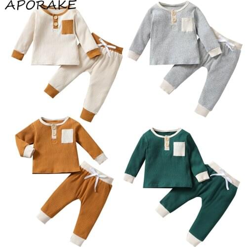 2021 0-4Y Casual Kids Baby Boy Girl Clothing Patch Pocket Long Sleeve O Neck T-shirt+Harem Pants Spring Autumn Knit Outfits 2pcs