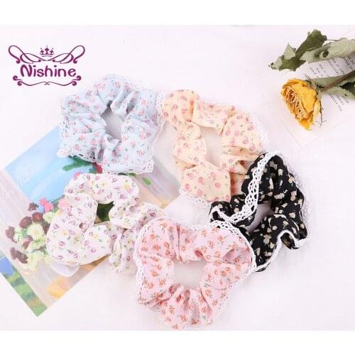 Nishine Fashion Korean Lace Large Intestine Hair Rope Women Cute Flowers Pattern Elastic Hairband Print Headwear Holiday Gifts