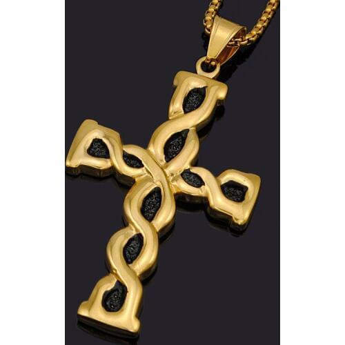 Dolaime Men Fashion Jewelry Religion Twisted Pattern Cross Pendant Gold color Stainless Steel Necklace 64mm*38mm GP330