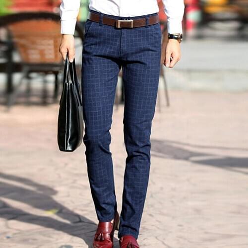 Men Autumn Plaid Suit Pants Pocket Long Slim Office Bussiness Trousers Pants