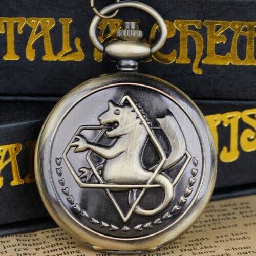 Full Metal Alchemist Dull Polish Edward Elric Bronze Quartz Pocket Watches Necklace Pendant Chain Men Women
