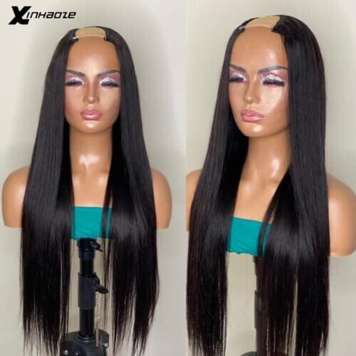 Full End Silky Straight U Part Human Hair Wigs 180 Density Brazilian Remy Hair 2x4 Middle Part Glueless U Part Wig Xinhaoze