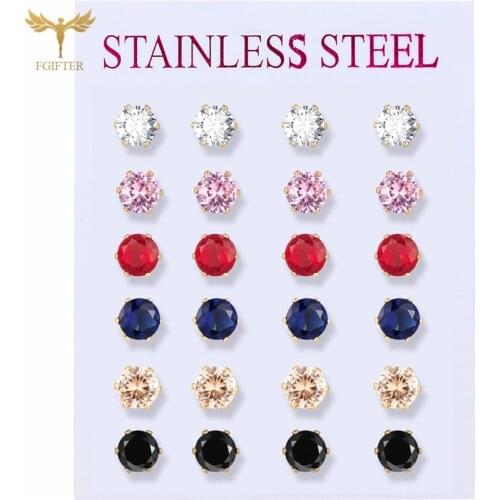 Colorful Crystal Stud Earrings Woman Stud Earring Set Golden Stainless Steel Accessories Fashion Geometric Round Zircon Jewelry