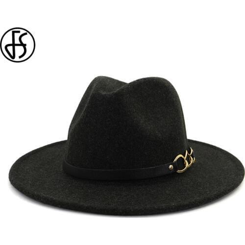 FS Spring Wide Brim Men Women Wool Fedora Hat Elegant Camel Black With Ring Belt Trilby Party Formal Jazz Hat Chapeau Homme