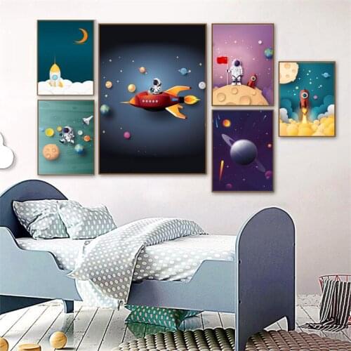 Modern Cartoon Canvas Painting Space Astronaut Rocket Posters And Prints Wall Art Pictures For Boy Bedroom Living Room Decor