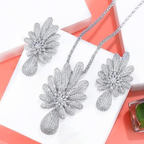 GODKI Noble Gorgeous Luxury Noble Pendant Flowers Necklace+Dangle Earrings Jewelry Set for Women Bridal Wedding Jewelry Sets