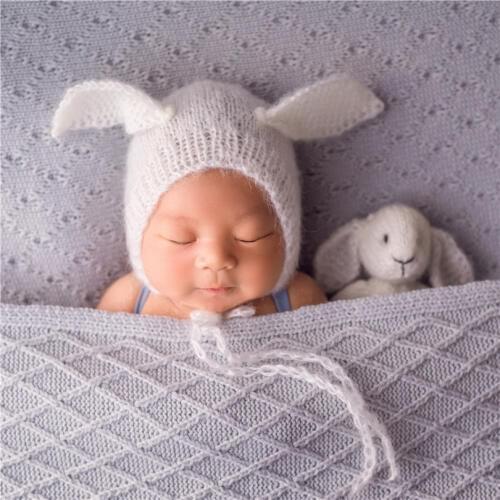 Vintage White Newborn Bunny Hat Knit Bunny Toy Mohair Newborn Photography Hat Baby Animal Bonnet Knitted Rabbit Set Photo Props