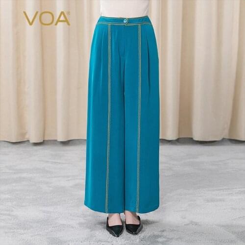 VOA Silk 30m/m Blue Mid Waist with One Button Yellow Thread Arch Needle Flat Insert Pocket Pleated Long Wide Leg Pants KE196