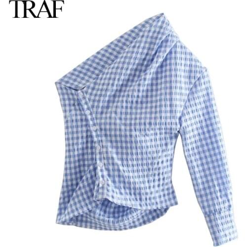 TRAF Womens Clothes Za 2021 Summer New Womens Fashion All-match Plaid Shirt Design Sense Niche Hong Kong Style Retro Top
