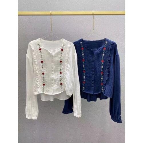 2021 New Autumn Blouse Flowers Embroidery Women Shirt Single Breasted Blouse White / Dark Blue Runway Designer Tops