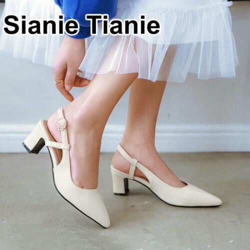 Sianie Tianie 2020 summer ladies square high heels pointed toe sweet female dress shoes slingback women sandals large size 45 46
