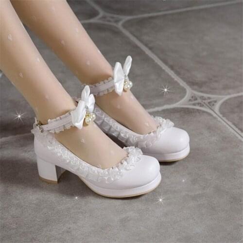 New Lace Lolita Shoes Women High Heels Pearl Leather Shoes Women Pumps Thick Heel Large Size 43