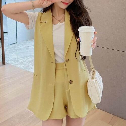 2021 Fashion Summer 2 Pieces Women Sets Casual Loose Office Ladies Sleeveless Blazers Vest Jacket & Shorts Suit WS277