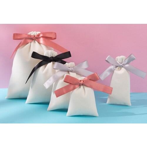 1PCS Random Color Velvet Drawstring Customized Jewelry Packaging Bowknot Custom Logo Pouches Gift Bags Flannel Cosmetic Bags