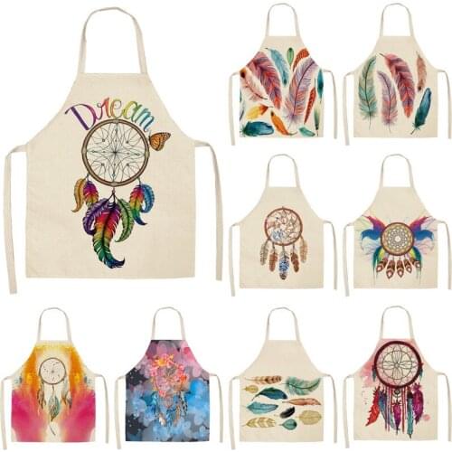 1Pc Feather Pattern Kitchen Chef Aprons for Woman Dinner Party Cooking Waist Funny Bibs Cleaning Tools Cotton Linen 55x68cm