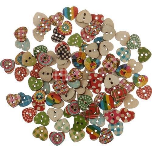100pcs 15mm Multicolored Wooden Heart Buttons For Sewing Craft Embellishment