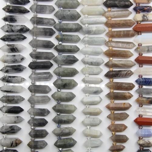 15.5"Strand Labradorite/Moonstone/Sunstone Double Point Pendants,Top Drilled Gems Faceted Hexagon Slice Stick Spike Loose Beads