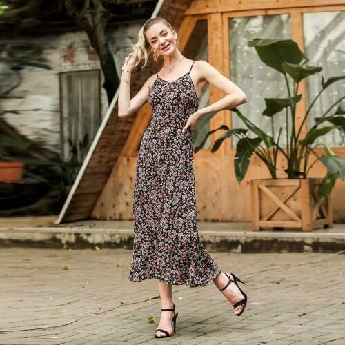 2021 Summer Original Design European and American Womens Printed Floral Sling Slim Large Casual Dress YY51