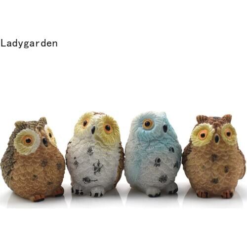 4PCS Cute Owls Terrarium Decor Animal Miniatures Figurine Resin Sculptures Craft Bonsai Pots Fairy Garden Ornament Statues