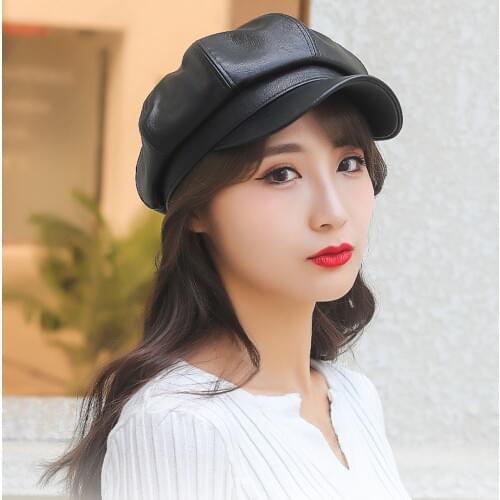 Beret Cap Faux Leather Women Hot Vintage Solid PU Leather Beret Hat Adjustable Octagon Faux Leather Hats for Party Outdoor Hats