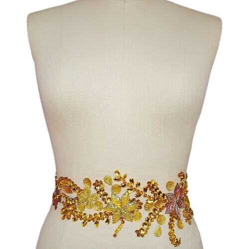 HANDMADE Beaded Tulle Sequins Sewing Crystals Rhinestones Diy Yellow Patches Appliques For Costumes Dance Evening Clothing Dress