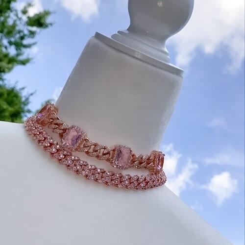 Micro pave cz 12mm cuban link choker women necklace hip hop bling big red green blue stone chunky chokers